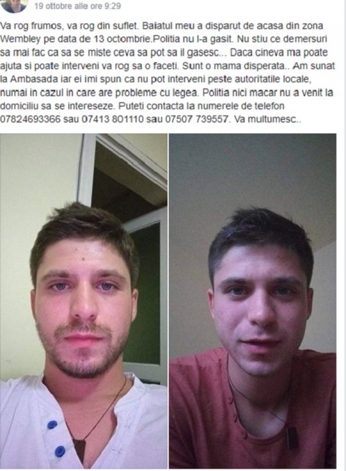 Alexandru-Marian Stoian, un român de 27 de ani stabilit la Londra, este dat dispărut de o lună